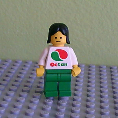 LEGO Minifigure-Octan - White Logo, Green Legs, Black Female Hair-Town / Classic Town / Gas Station-OCT002-Creative Brick Builders